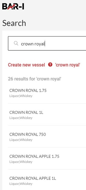 searching for the correct Crown Royal option in a bar inventory system dropdown menu