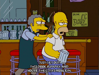 Simpsons GIF with Moe kicking Homer out of the bar to highlight overserving issues